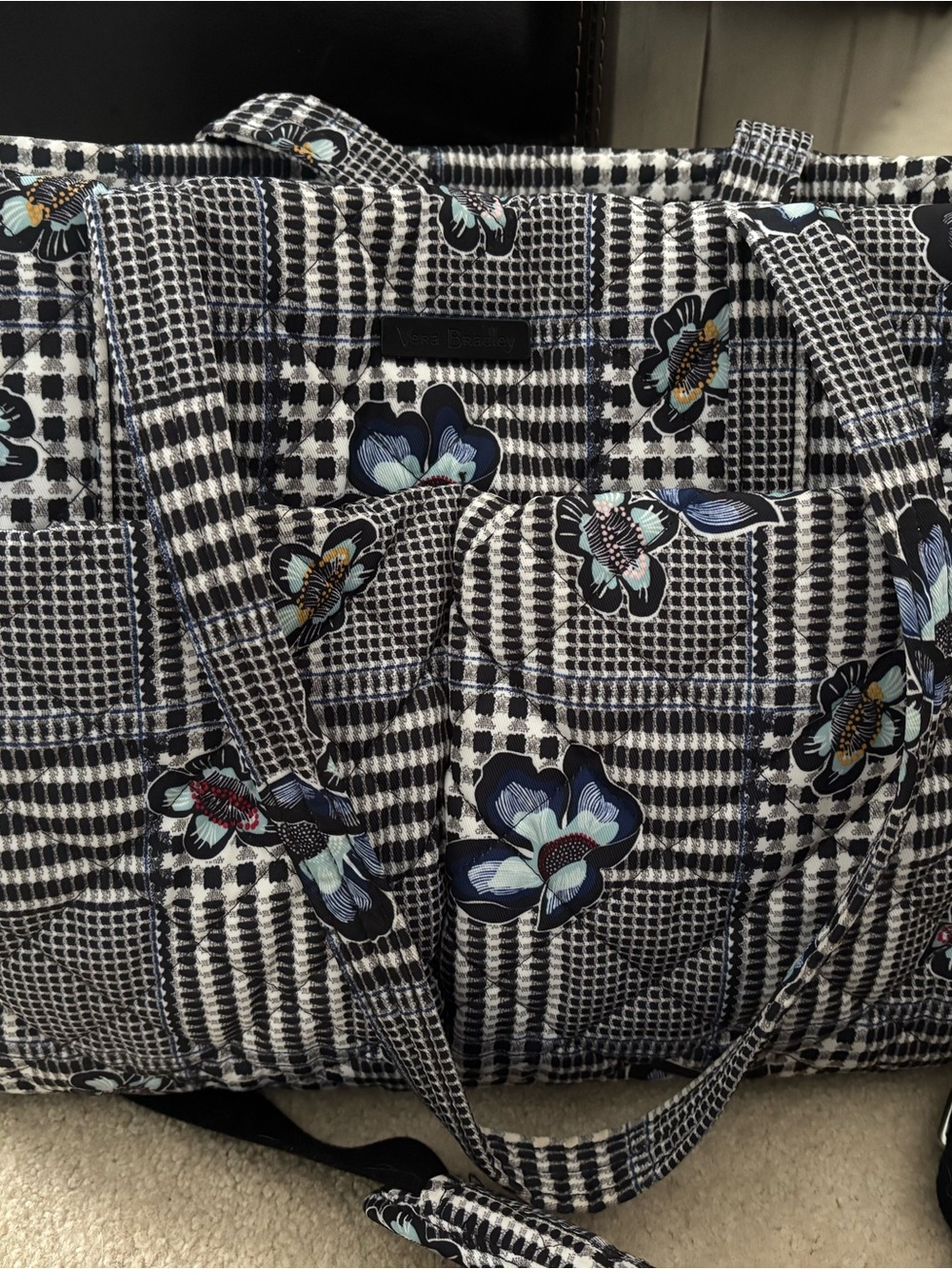 Vera Bradley Black & White Plaid Quilted Tote with Blue Floral Accents